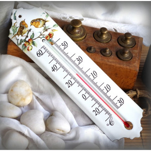 Thermomètre émail décor Rouge Gorge