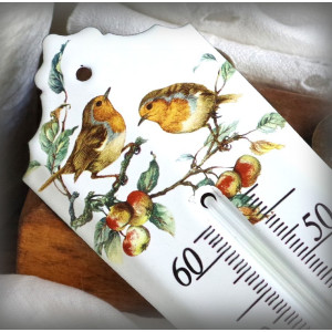 Thermomètre émail décor Rouge Gorge