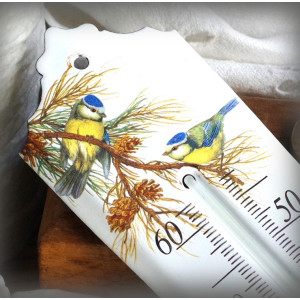 Thermomètre émail décor Mésanges bleues