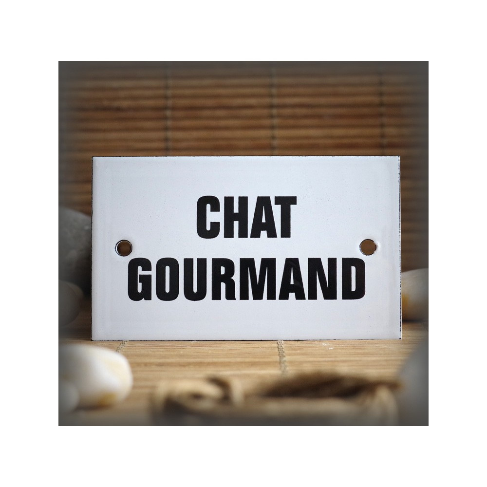 Plaque émaillée 10x6cm "Chat Gourmand" sans filet