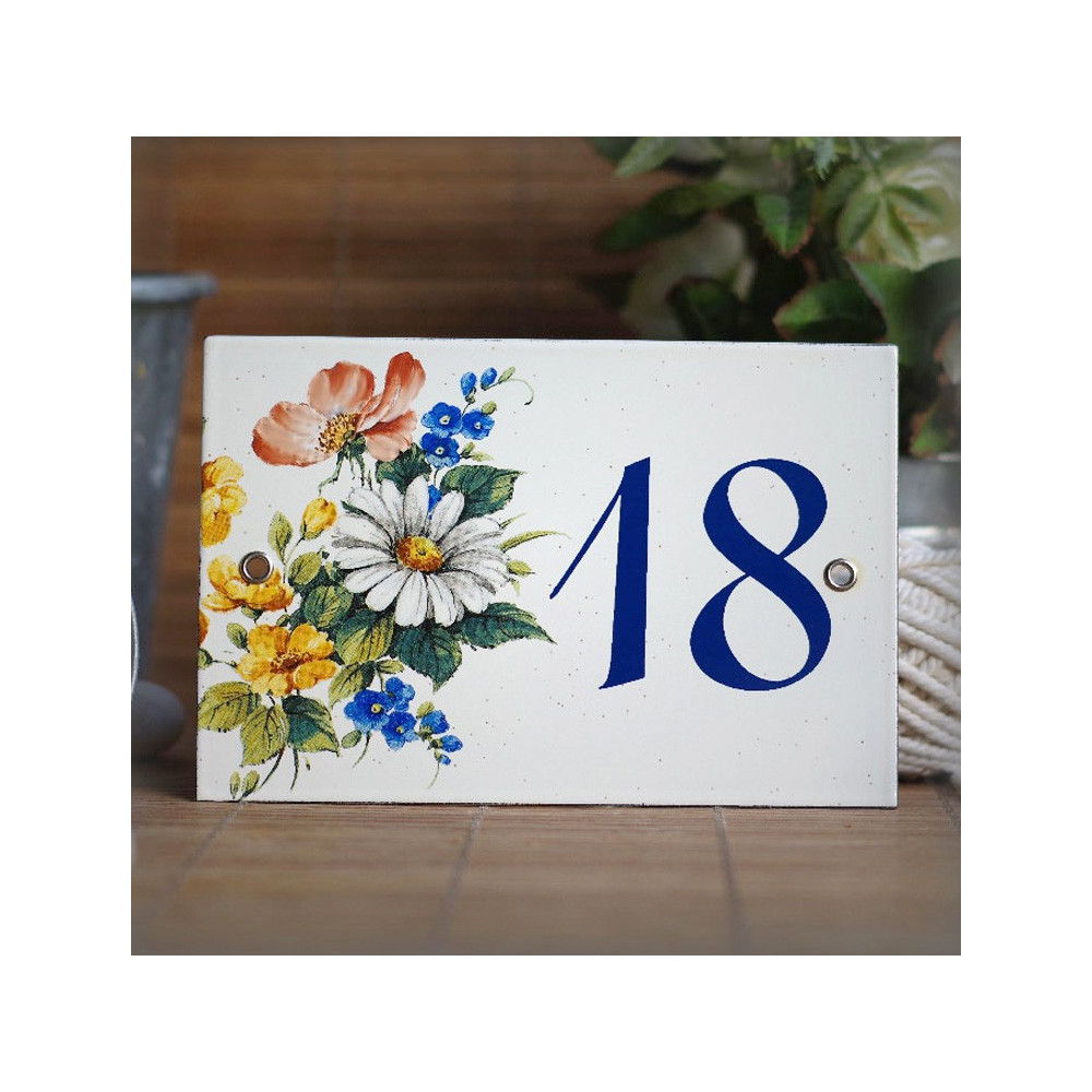 Fond émail gres Numéro bleu décor Fleurs des près 15x10cm