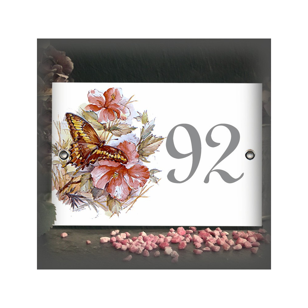 White Enamelled street number pink butterfly decor