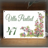 Plaque maison émaillée décor Roses trémières