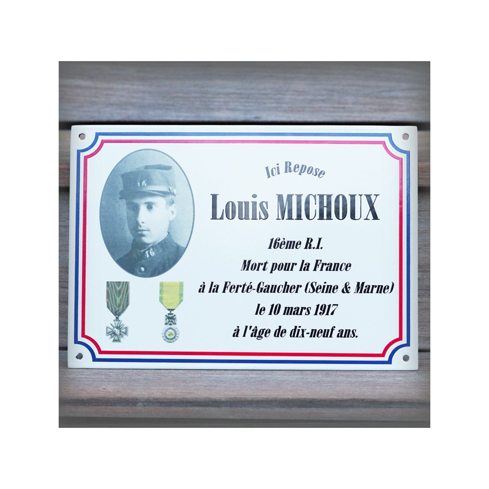 Funeral enamel plate rectangle 8x11,2in + your photo + medals + blue and red net
