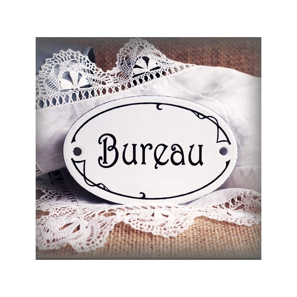 Plaque ovale de porte texte noir sur émail blanc : Bureau