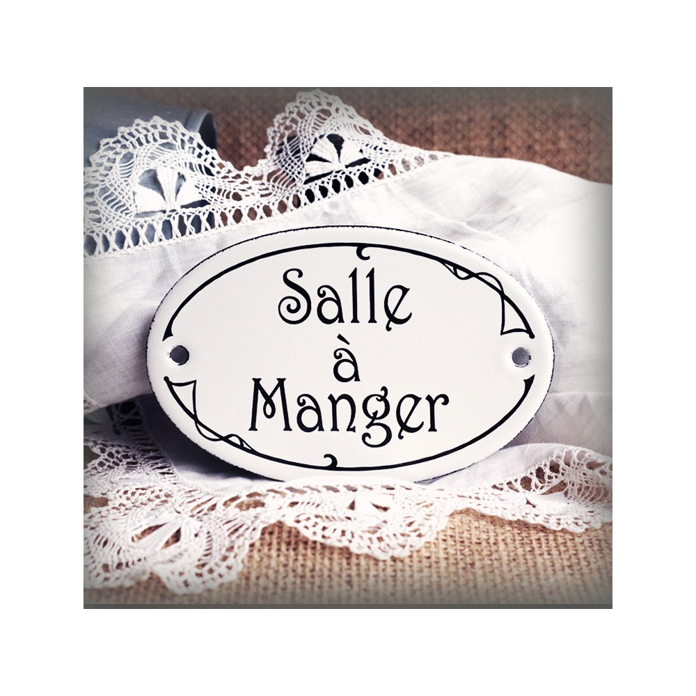 Plaque ovale de porte texte noir sur émail blanc : Salle à Manger