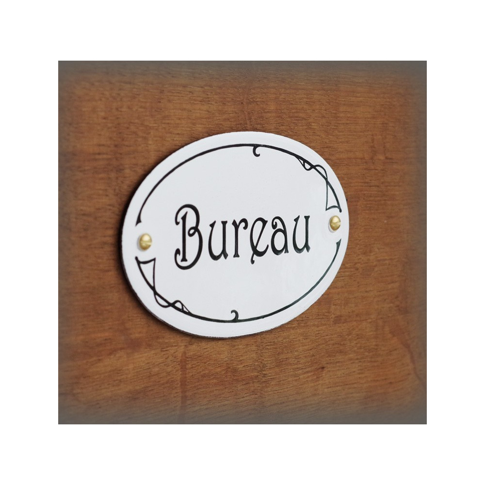Plaque ovale de porte texte noir sur émail blanc : Bureau avec vis