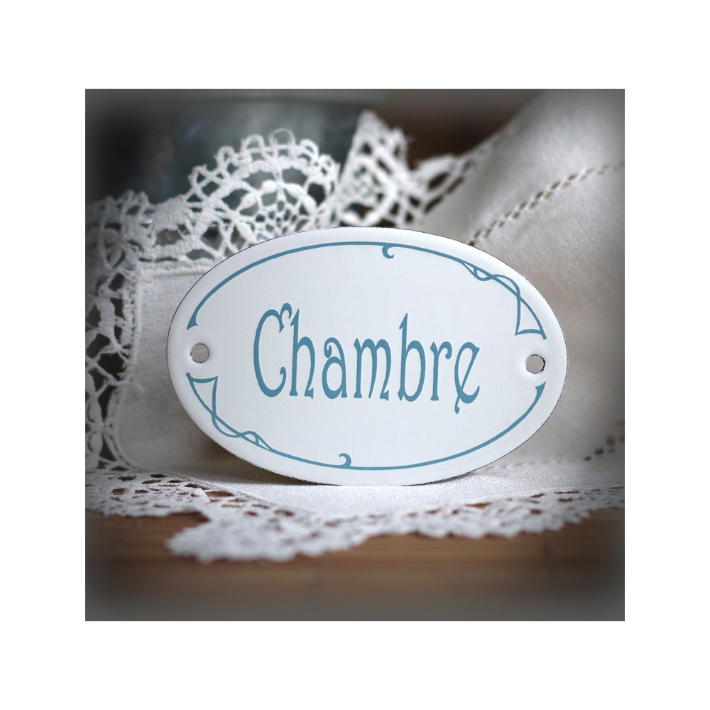Plaque ovale de porte émaillées blanc texte gris : chambre