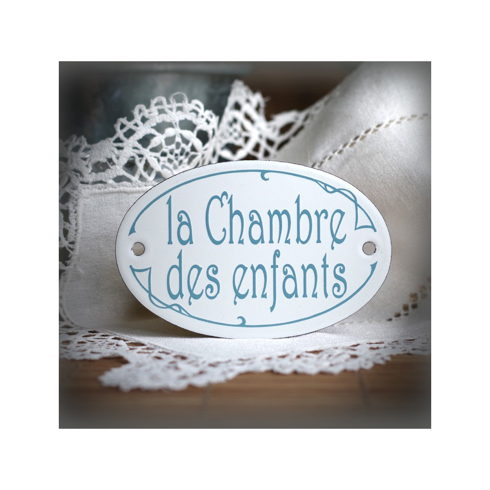 Plaque ovale de porte émaillées blanc texte gris : la Chambre des enfants
