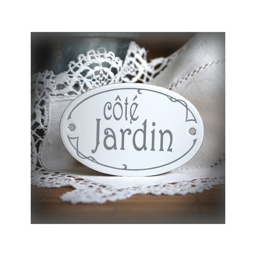 Plaque ovale de porte émaillées blanc texte gris : Côté Jardin