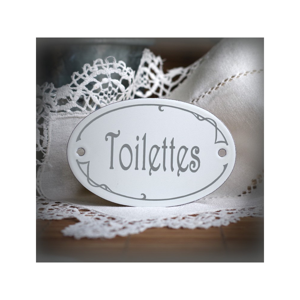 Plaque ovale de porte émaillées blanc texte gris : Toilettes