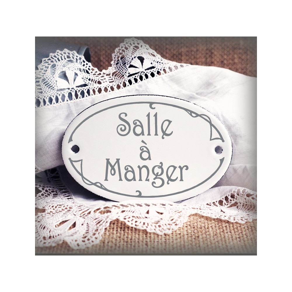 Plaque ovale de porte émaillées blanc texte gris : Salle à Manger