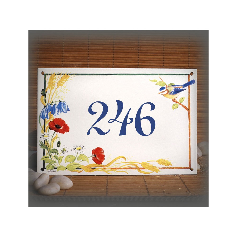 Numéro de maison émaillée décor coquelicots et mésanges