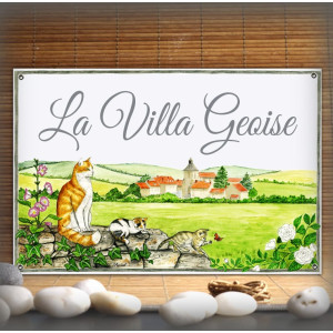 Plaque maison émaillée décor Famille Chats