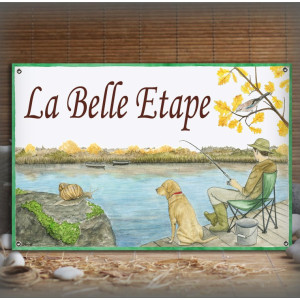 Plaque maison émaillée décor Pêcheur et son chien
