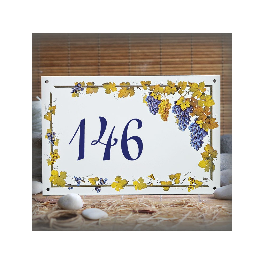 House number sign enamelled Vines decoration