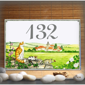 Numéro de maison émaillée décor Famille Chats