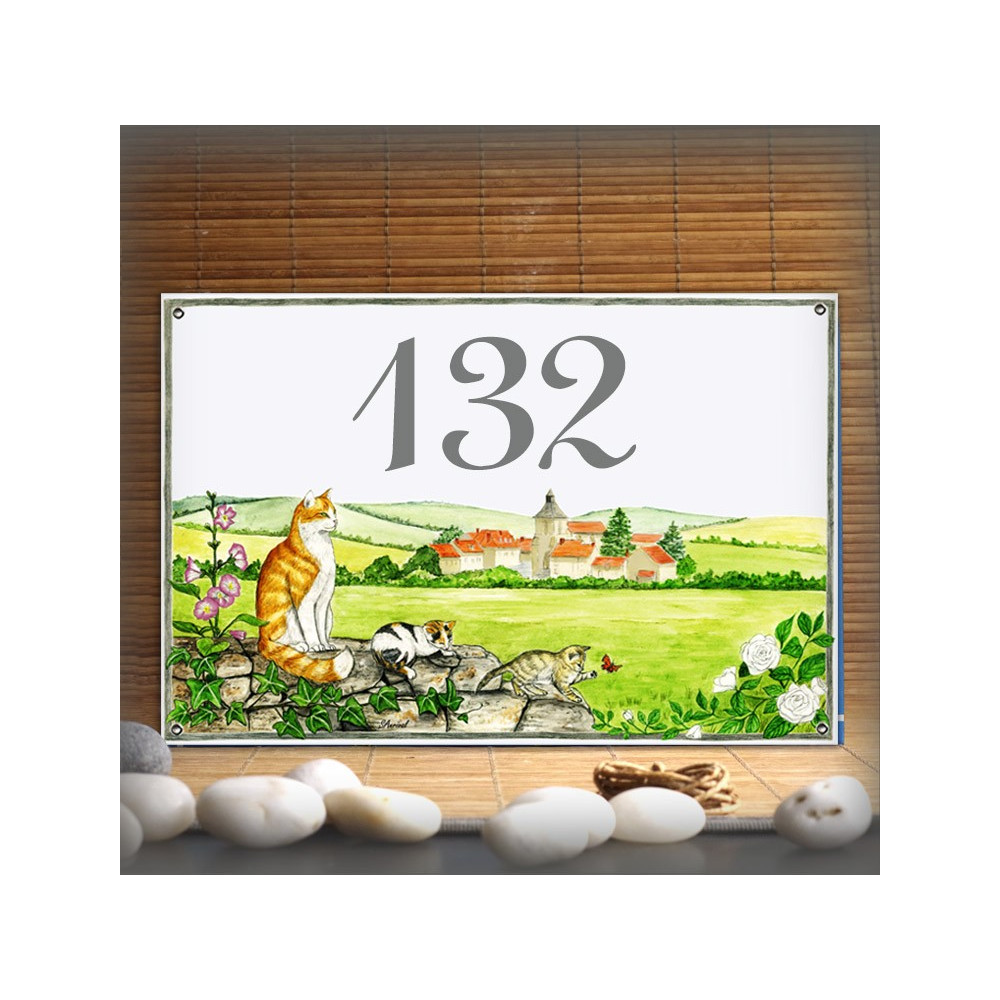 Numéro de maison émaillée décor Famille Chats
