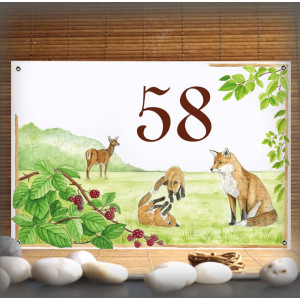 Numéro de maison émaillée décor Famille renard