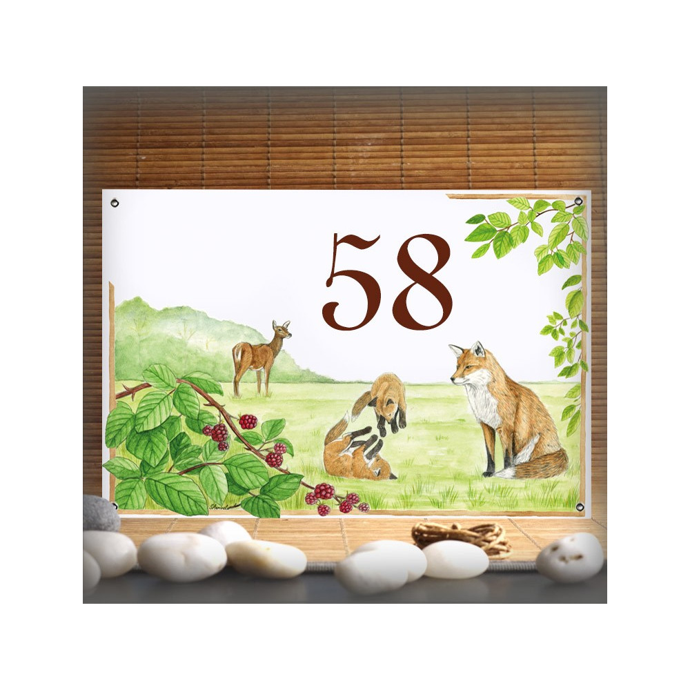 Numéro de maison émaillée décor Famille renard