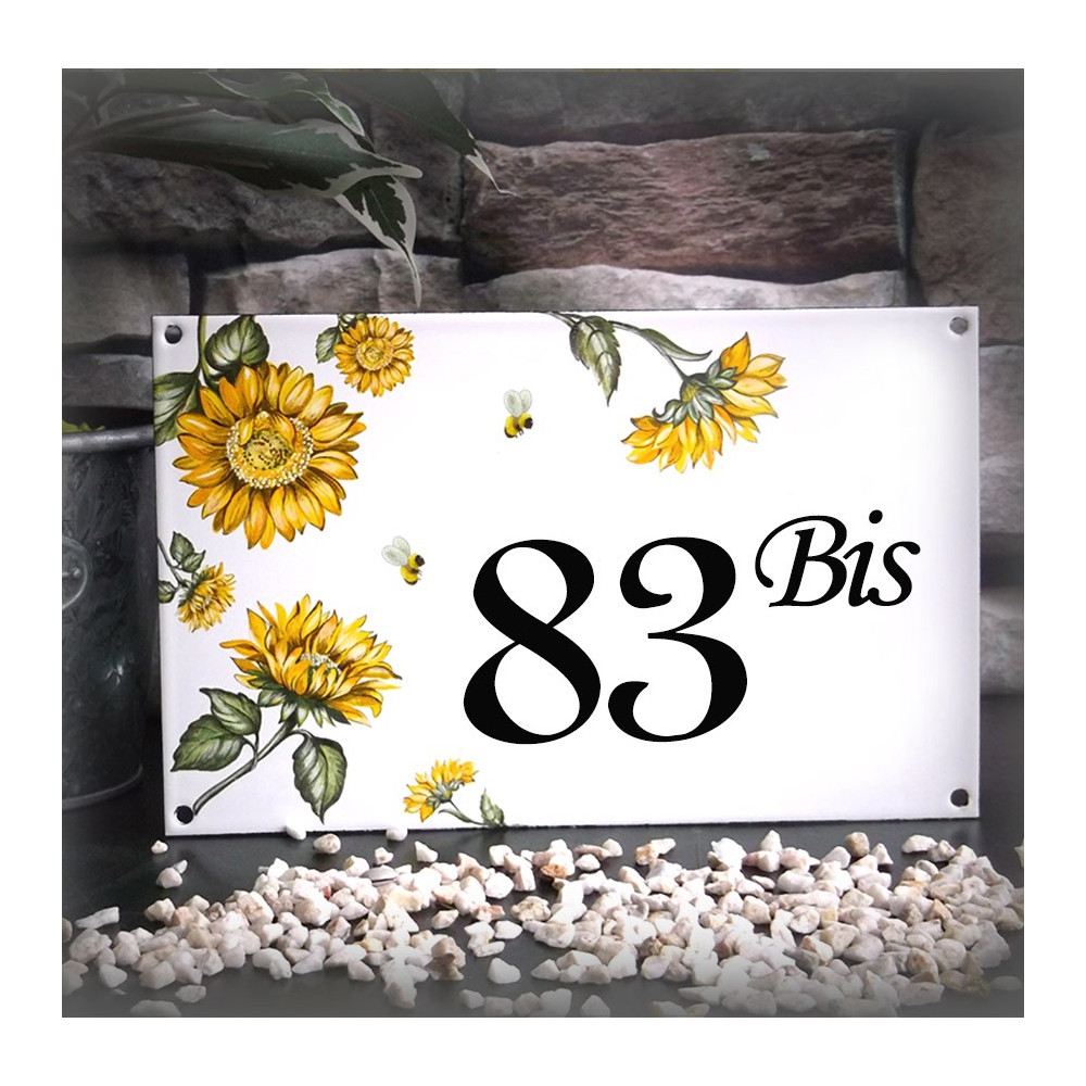 House number sign enamelled Sunflowers decoration