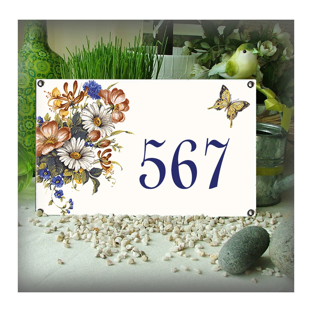 Numéro de maison émaillée décor Fleurs des prés