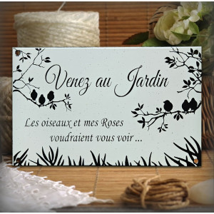 Plaque émaillée "Venez au jardin, les oiseaux et mes roses voudraient vous voir"