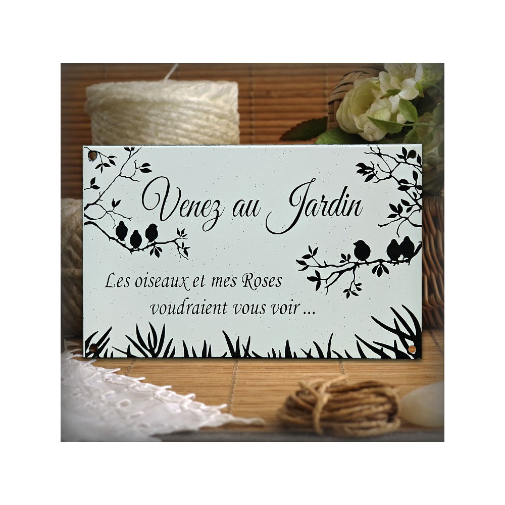 Plaque émaillée "Venez au jardin, les oiseaux et mes roses voudraient vous voir"