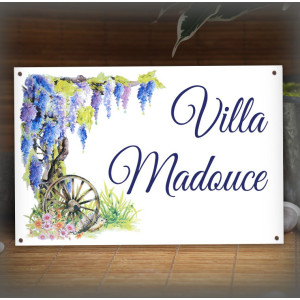 Plaque maison émaillée décor Glycine Roue