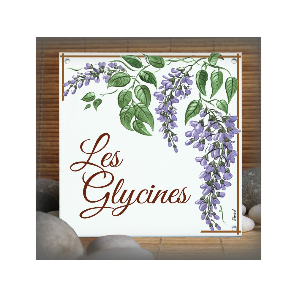 Plaque maison émaillée décor Glycines 15x15cm