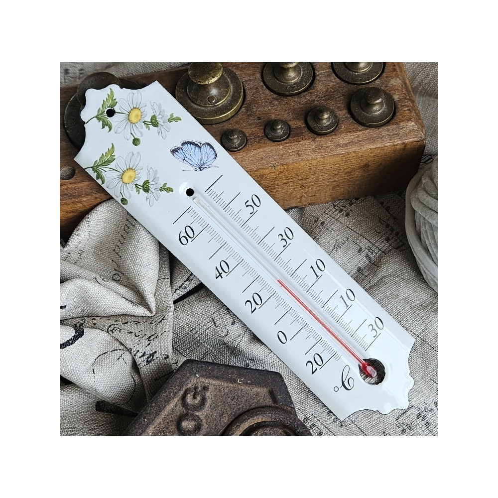 Thermomètre émail blanc 20cm décor pâquerettes PB