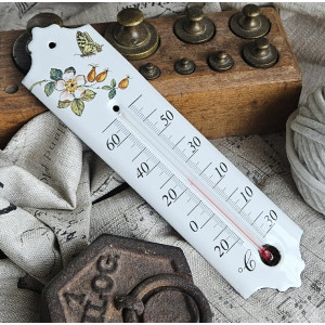 Thermomètre émail blanc 20cm décor Eglantier