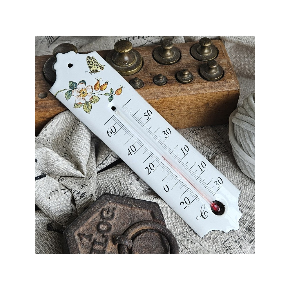 Thermomètre émail blanc 20cm décor Eglantier
