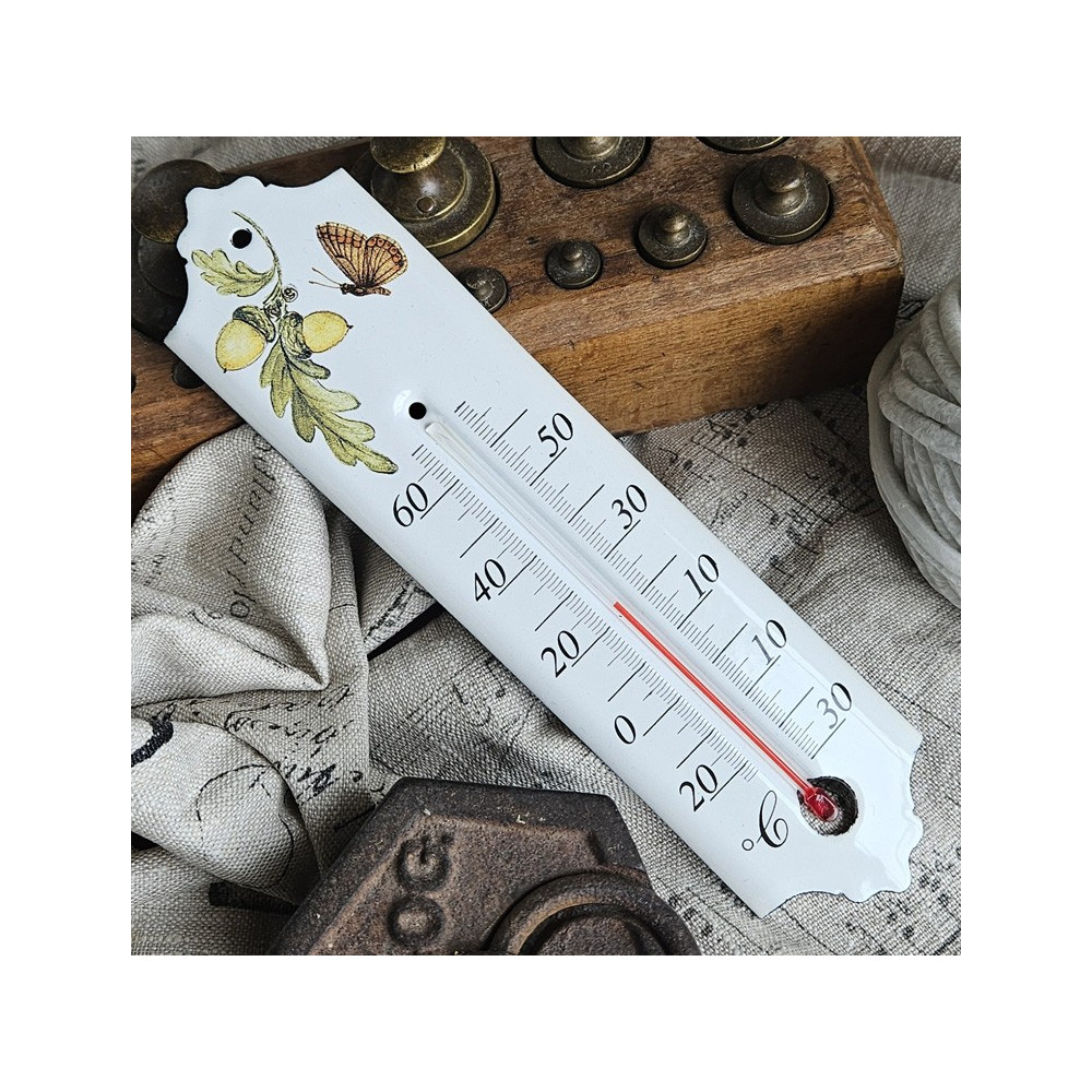Thermomètre émail blanc 20cm décor chêne