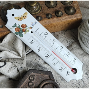Thermomètre émail blanc 20cm décor Framboise