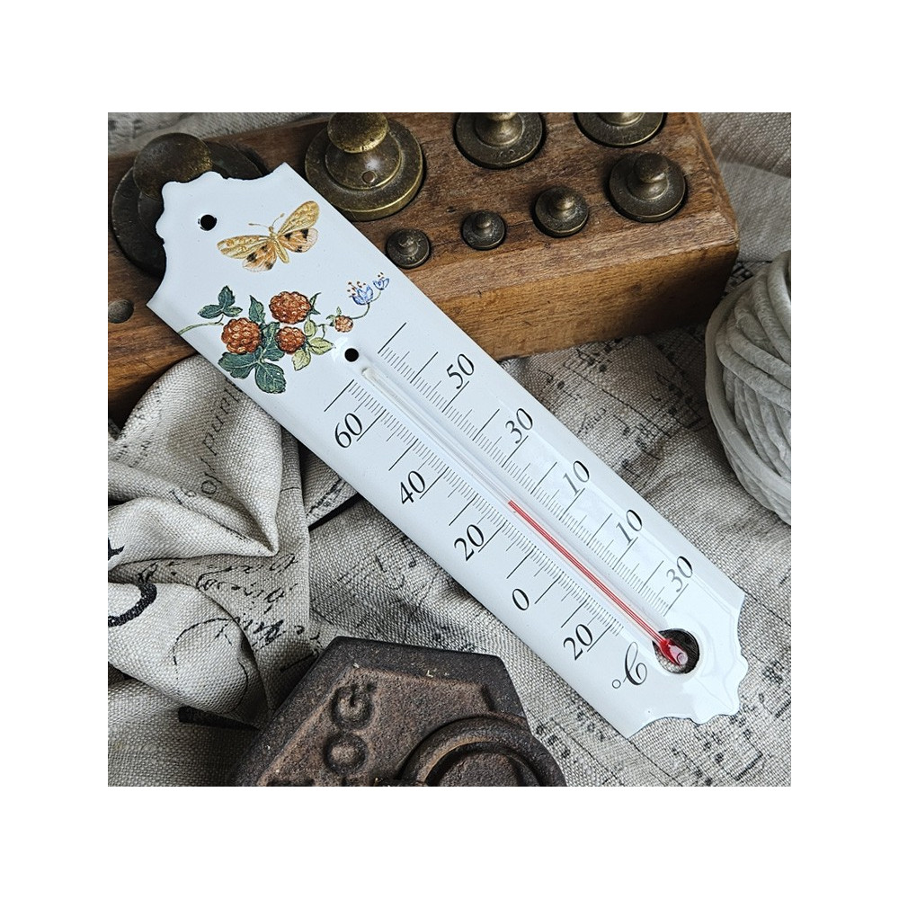 Thermomètre émail blanc 20cm décor Framboise