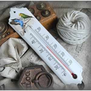 Thermomètre émail blanc 24cm décor Perruches