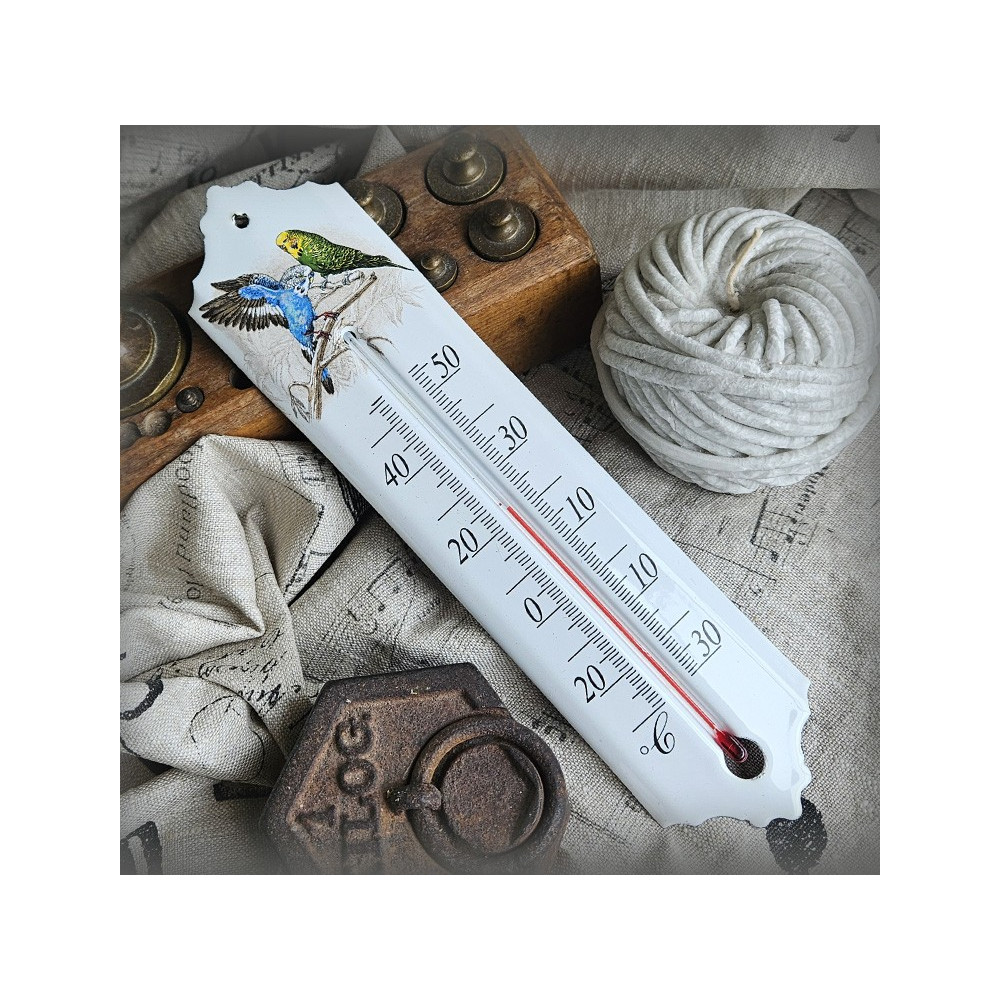 Thermomètre émail blanc 24cm décor Perruches